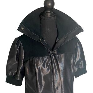SIMON CHANG Short Sleeve Jacket Dress Black Shiny Funnel High Neck Size 8